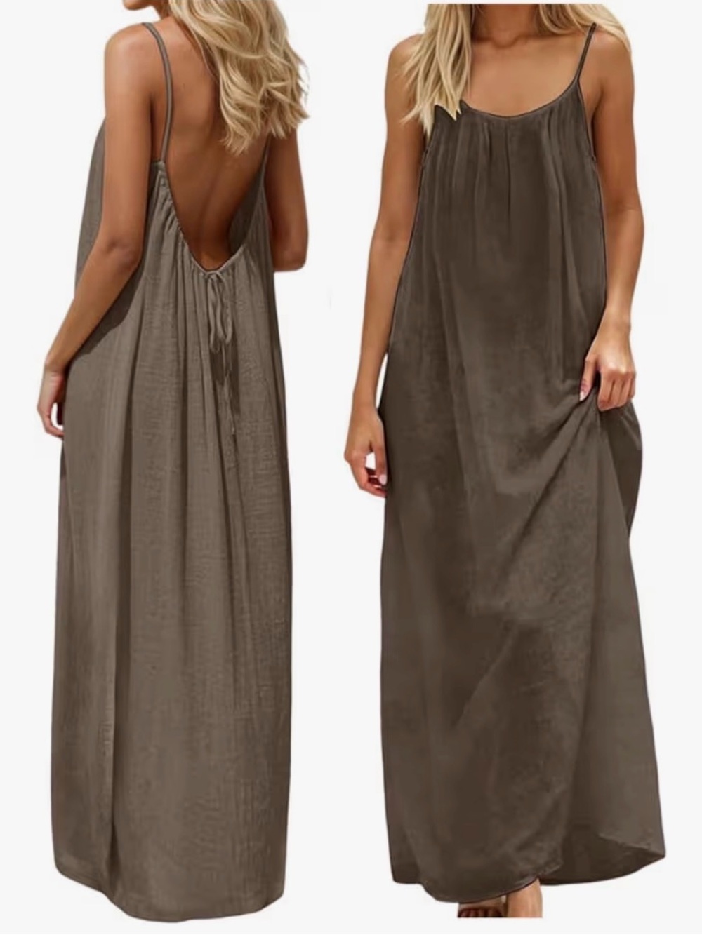 Women’s Brown Maxi Slip Dress with Low Back
